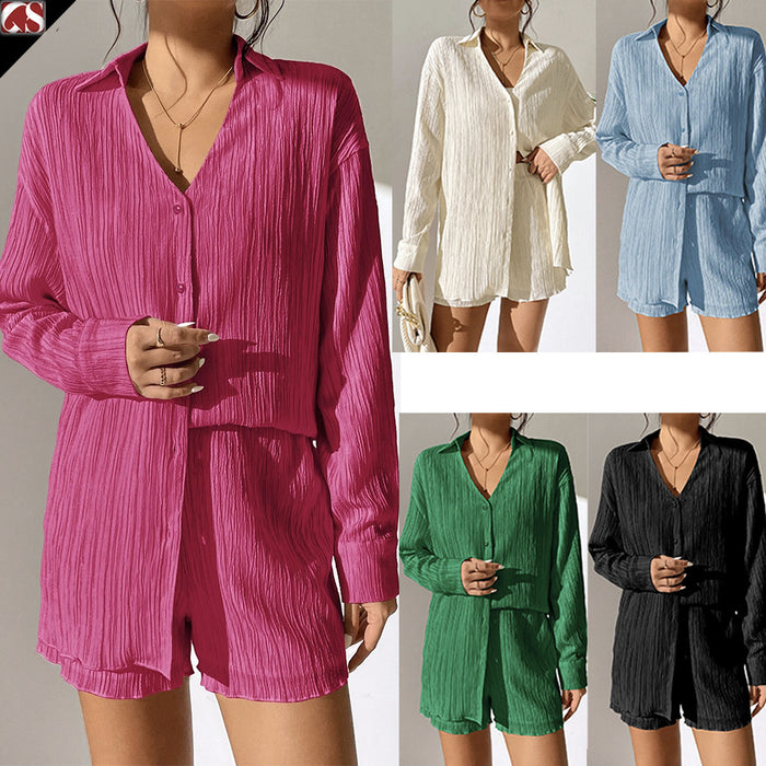 V neck Shirt Long Sleeve Shorts Casual Pleated Texture Women Suit