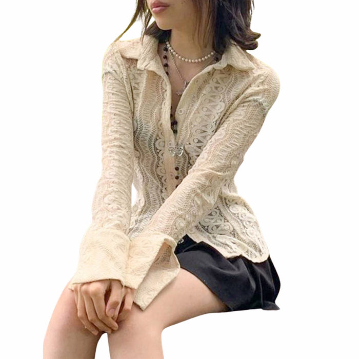 Autumn Winter Lace See through Slim Collared Sexy Bottoming Shirt Women