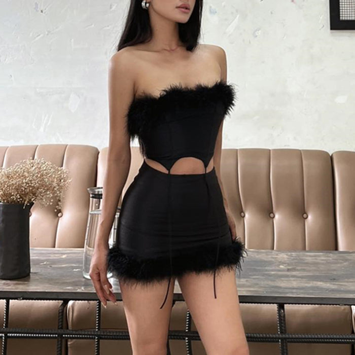 Fall Women Clothing Sexy Furry Stitching Tube Top Vest Hip Skirt Set for Women