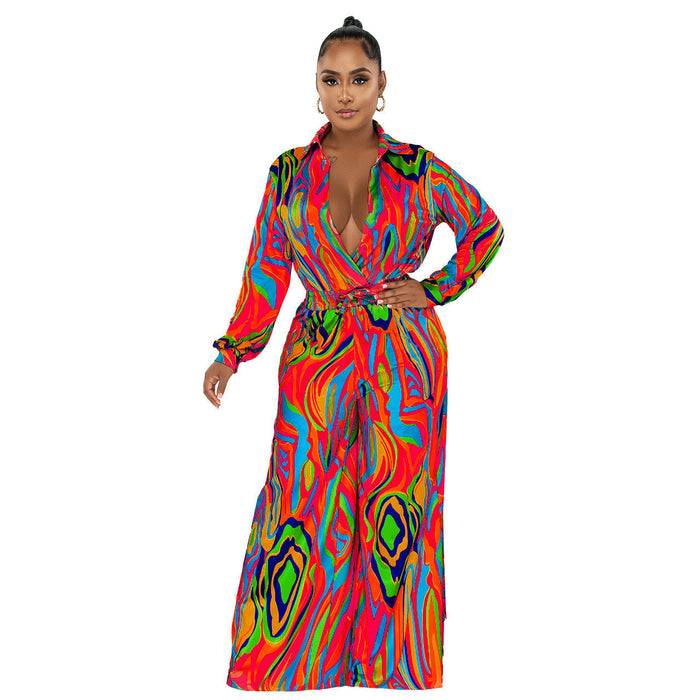 Women Clothing Fall Winter Printed Shirt Collar Wide Leg Jumpsuit