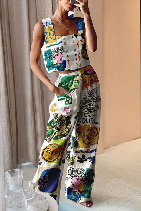 Printed Wide Leg Pants Vest Casual Two Piece Set Women