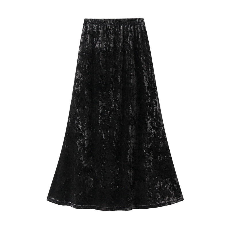 Gold Velvet Fishtail Skirt Women Autumn High Waist Slimming Sheath Long Skirt