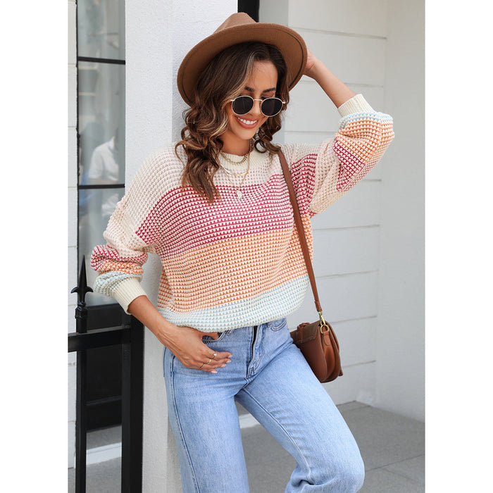 Autumn Casual Sweater Loose Crew Neck Color Knitwear Top Color Block