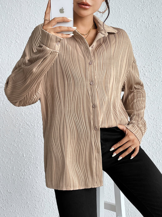 Designed Fold Collar Button Texture Shirt Women Clothing