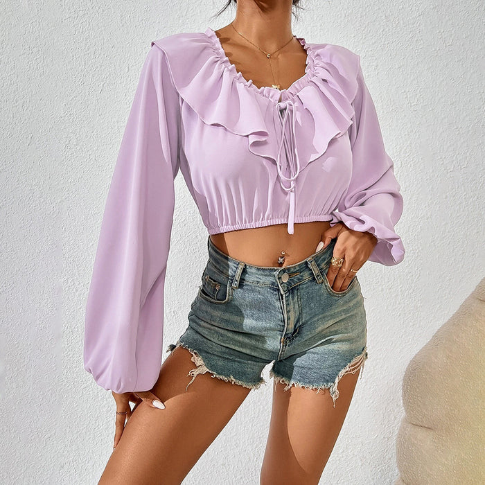 Spring Summer Women Clothing Ultra Short Ruffled Collar Puff Sleeve Exposed Cropped Women Shirt Long Sleeve Top