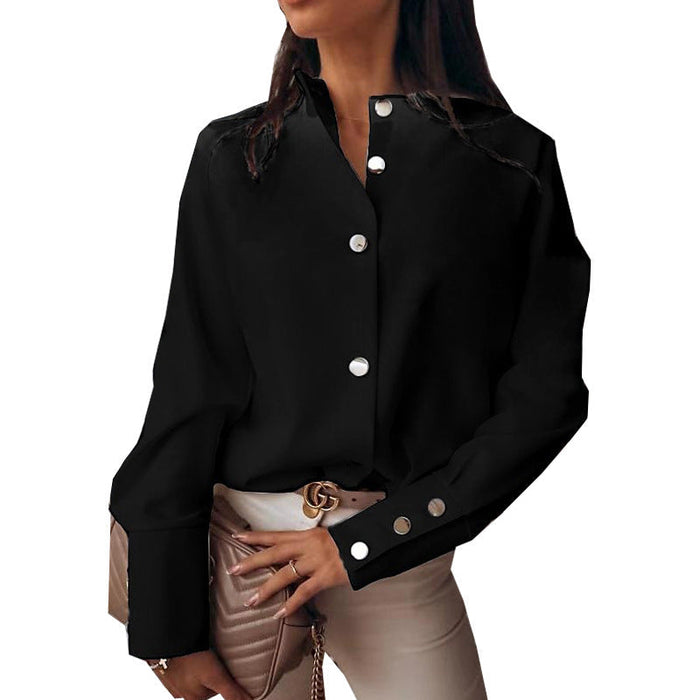 Spring Women Clothing Shirt Button Solid Color Office round Neck Shirt