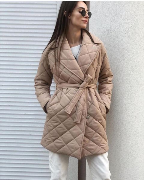 Rhombus Cotton Padded Mid-Length Collared Autumn Winter Street Women Coat Waist-Controlled Pocket Cotton Padded Coat for Women