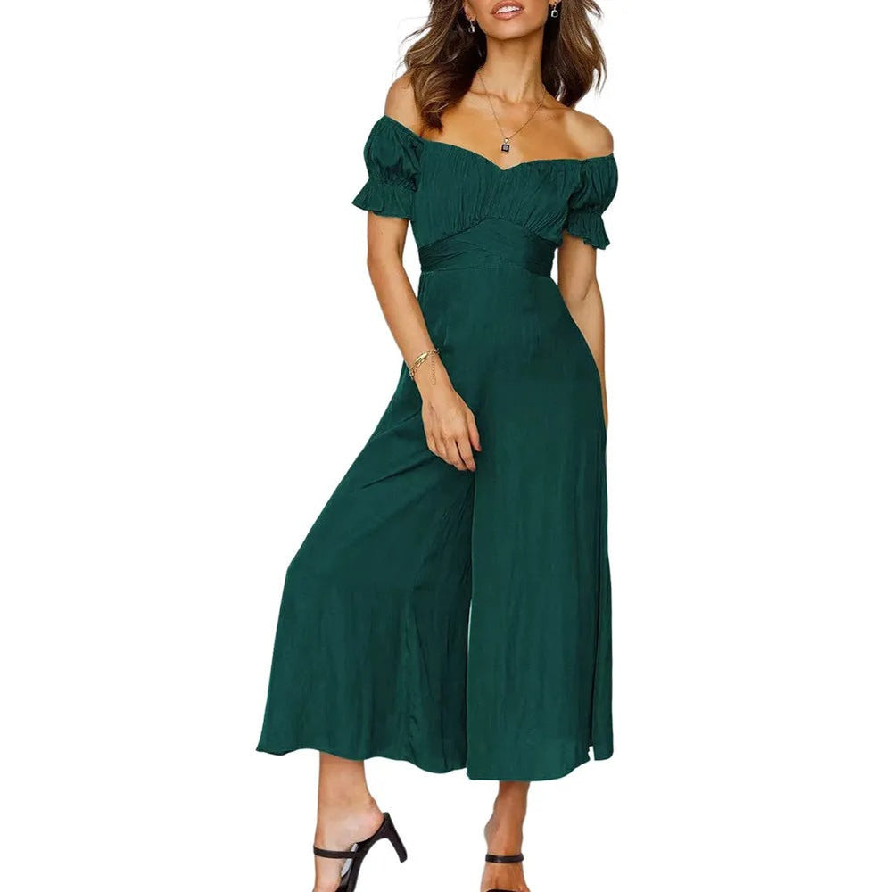 Spring Summer Women Clothing Solid Color off-the-Shoulder Jumpsuit