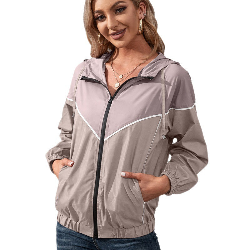Outdoor Casual Sports Mountaineering Blazer Color Matching Raincoat Jacket Hooded Waterproof Coat Top Women
