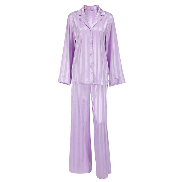 Summer French Comfortable Silk Satin Purple Striped Patchwork Shirt Pajamas Women Homewear