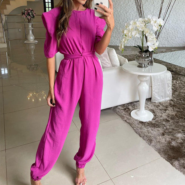 Spring Women Crew Neck Half Sleeve Solid Color Skinny Jumpsuit