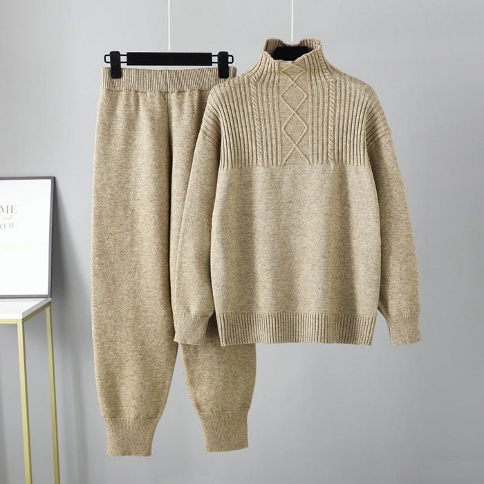 Half Turtleneck Casual Loose Sweater for Women Autumn Winter Gentle Soft Glutinous Knitted Trousers Suit for Women