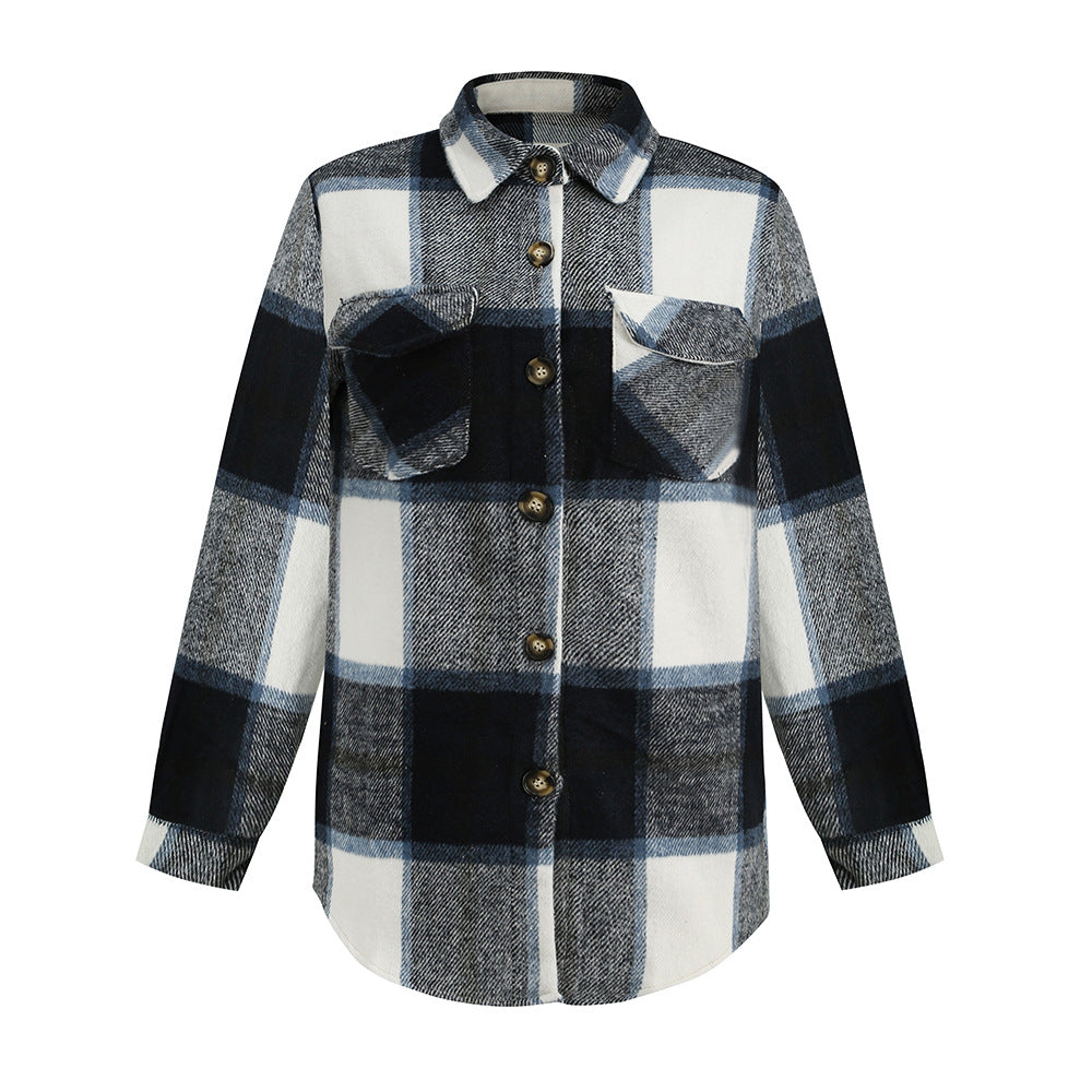 Autumn Winter Women Long Sleeved Single Breasted Casual Plaid Shirt Woolen Outer