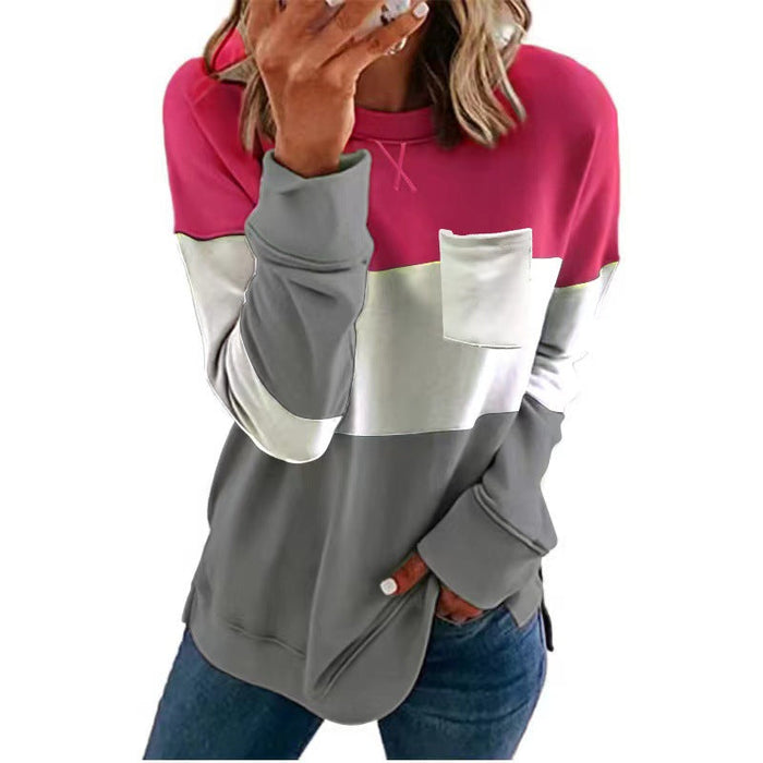 Women Clothing Stitching Crisscross Neckline round Neck Long Sleeve Casual Sweatshirt Women