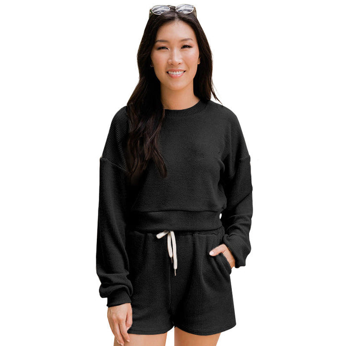 Autumn Winter Solid Color round Neck Pullover Long Sleeve Sweater Women Casual Shorts Suit