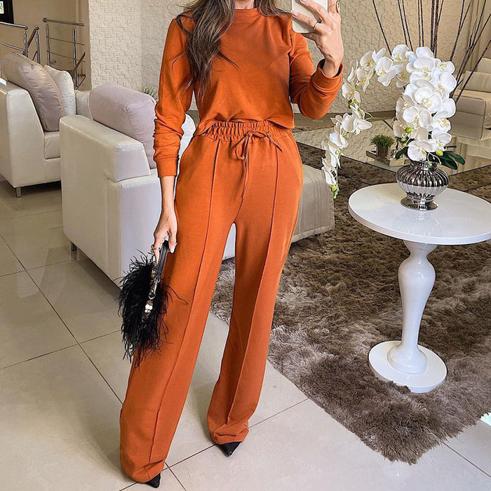 Autumn Women Long Sleeve T shirt Top Straight Leg Trousers Two Piece Set