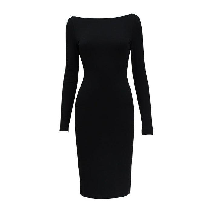 Women Clothing Long Sleeve Sexy Backless Dress with Zipper Elegant Pure Slit Midi Dress