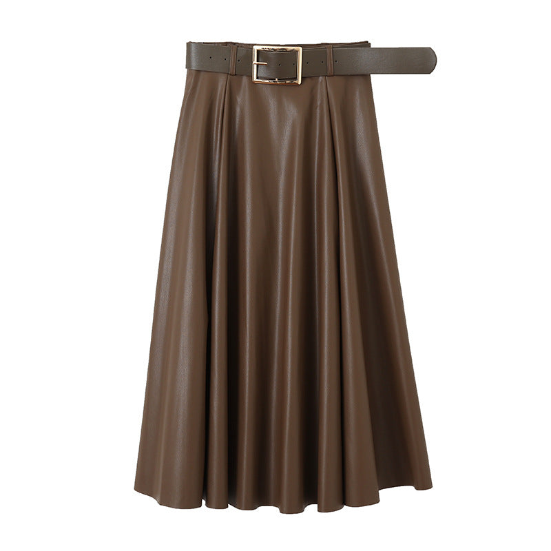 High Waist Petite Skirt Mid-Length Women Autumn Winter A- line Leather Skirt Umbrella Skirt