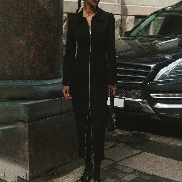 Women Cardigan Sheath Dress Polo Collar Long Sleeve Zipper Black Dress