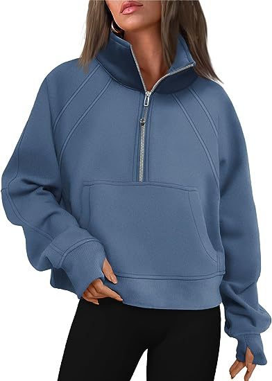 Women Clothing Half Zipper Short Stand Collar Thumb Hole Brushed Hoody