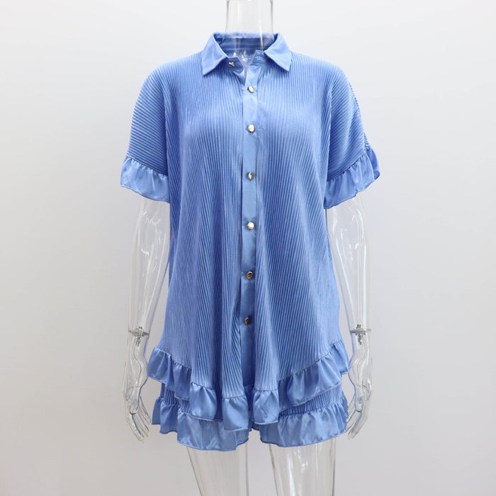 Shorts Short Sleeved Shirt Two Piece Women  Loose Pleated Wooden Ear Casual sets