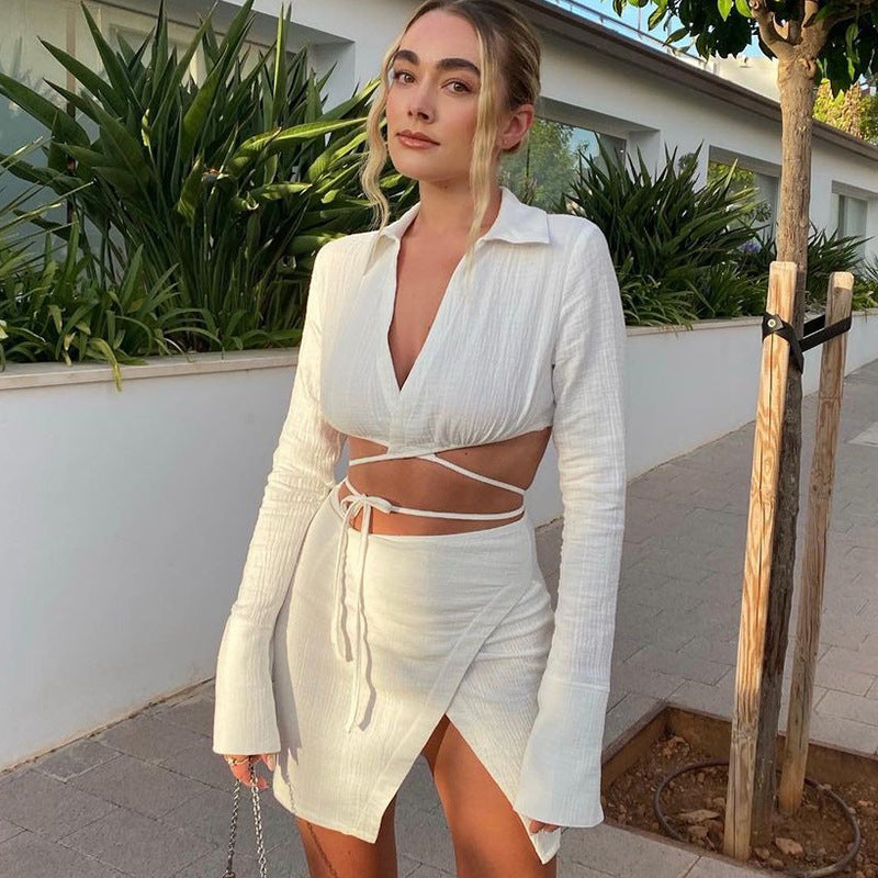 Women Clothing Summer Cardigan Long Sleeve Collared Top Slim Fit Short Skirt Set