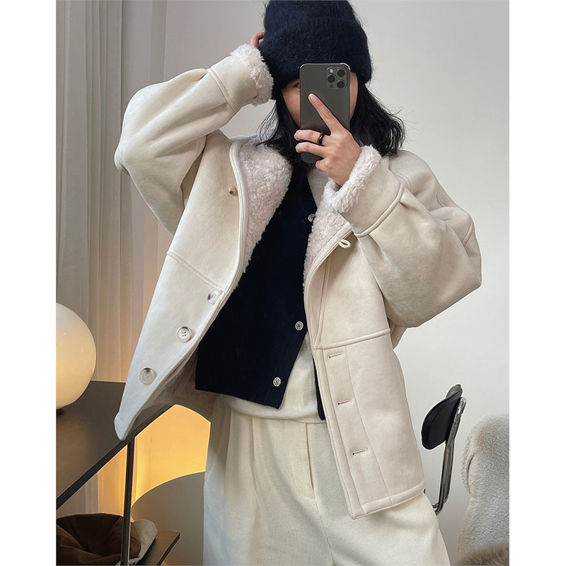 One Piece Lamb Wool Coat Autumn Winter Korean Retro Fashionable Loose Warm Thickened Profile Coat Women
