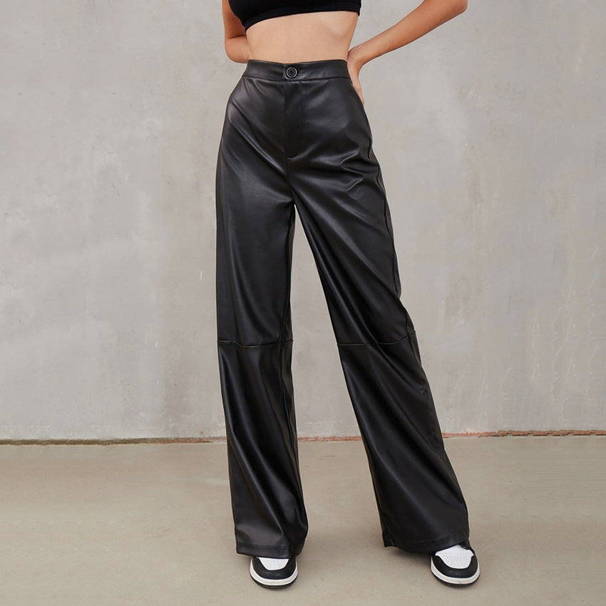 Slim Fit All Match Sexy Faux Leather Pants Women Autumn Winter Outdoor Casual High Waist Wide Leg Pants Women