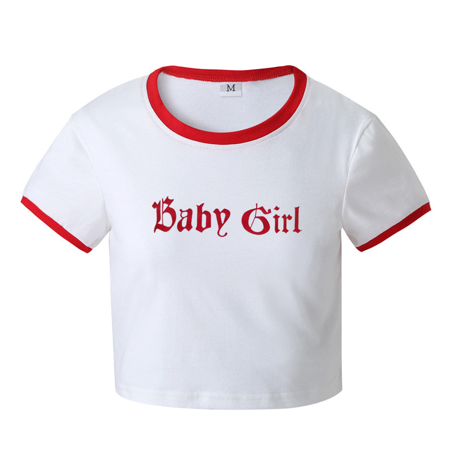 Women Clothing Summer New Baby Girl English Short Letters Slim Fit Short Sleeved T shirt