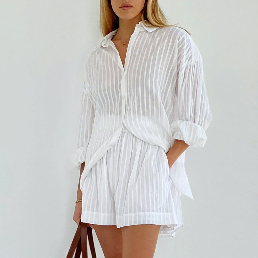 Summer Women Clothing Shirt Jacquard Striped Puff Sleeve Shorts Office Design Casual Set