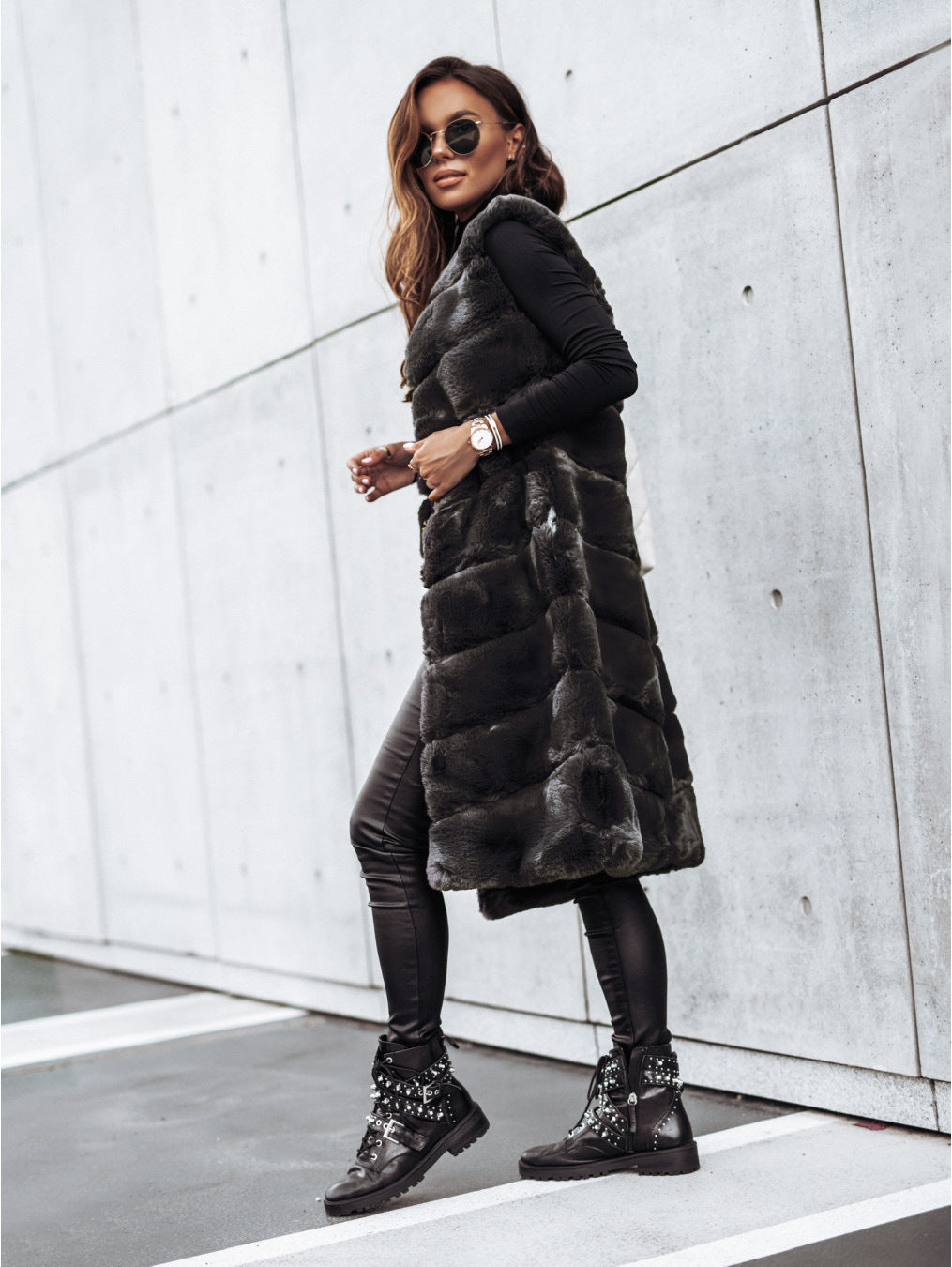 Women Clothing Autumn Winter round Neck Fur Vests Long Vest Coat