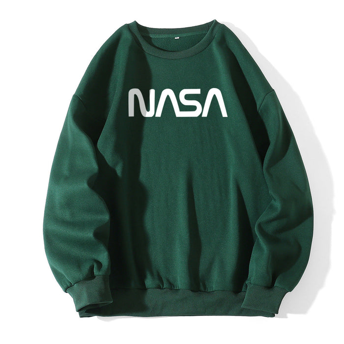 Fleece Lined Crew Neck Sweater Women NASA Letter Graphic Print Fresh Casual Pullover Round Neck Long Sleeves T Shirt