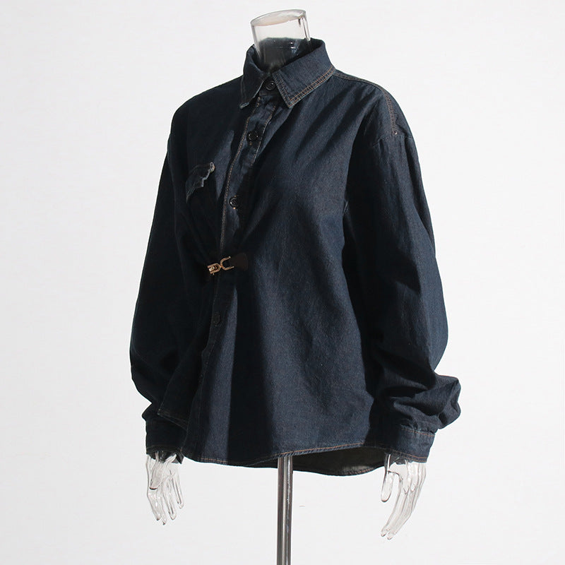 Autumn Casual Niche Design Irregular Asymmetric Metal Decorative Retro Denim Jacket for Women