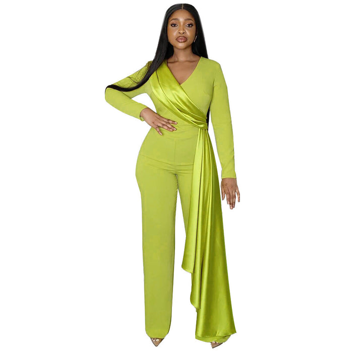 Long Sleeve V neck Waist Controlled Formal Dress Spring Autumn Slim Fit Women Straight Jumpsuit