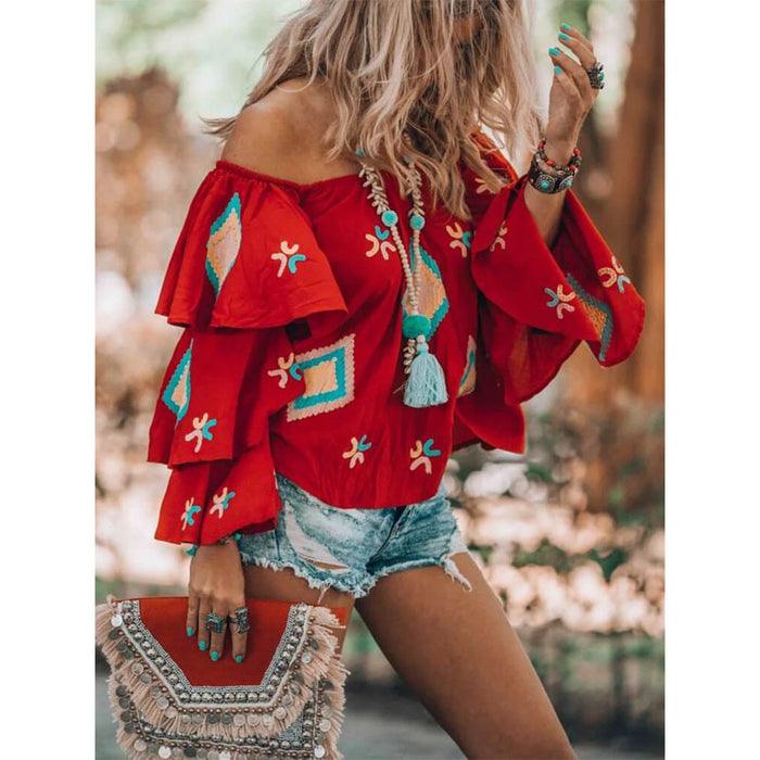 Women Clothing Bohemian Long Sleeved Shirt Women Autumn Red Casual Women Top