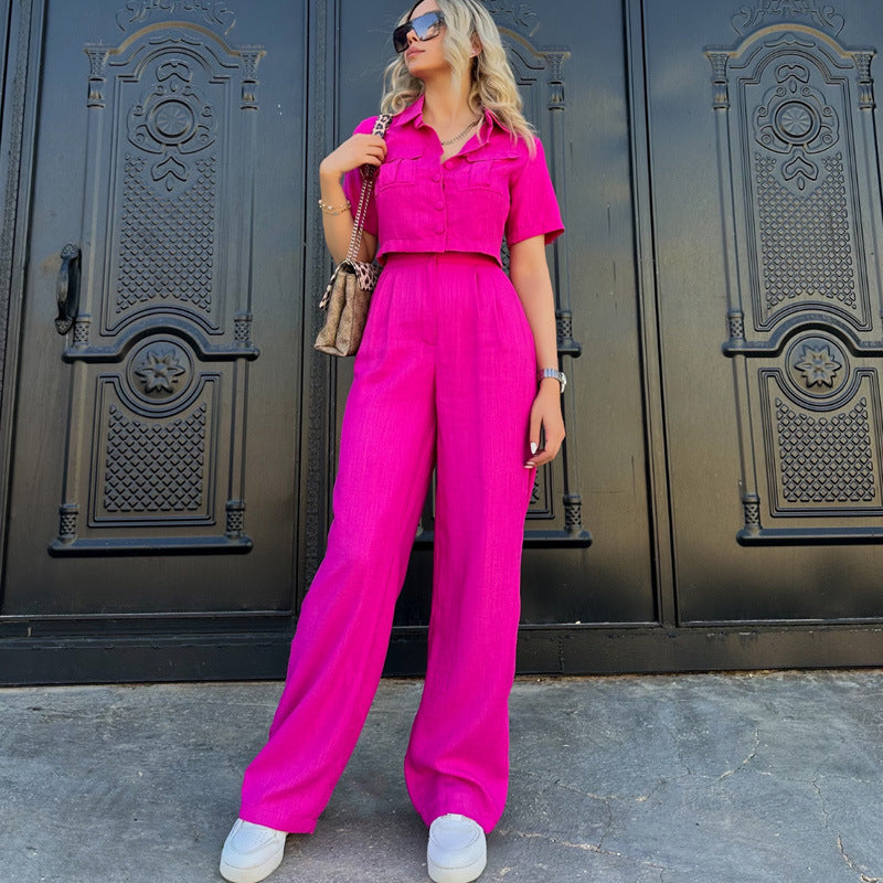Women Short Summer Clothing Cropped Short Sleeve Top Trousers Two Piece Set