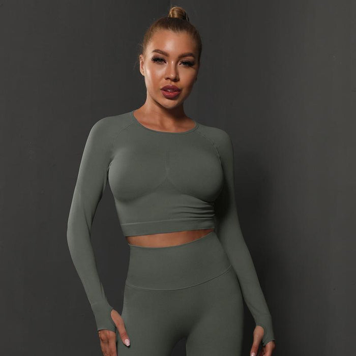 Seamless Knitted Solid Color Peach Tight T Shirt Top Fitness Exercise Yoga Clothes Moisture Absorption Body Shaping Long Sleeve Women