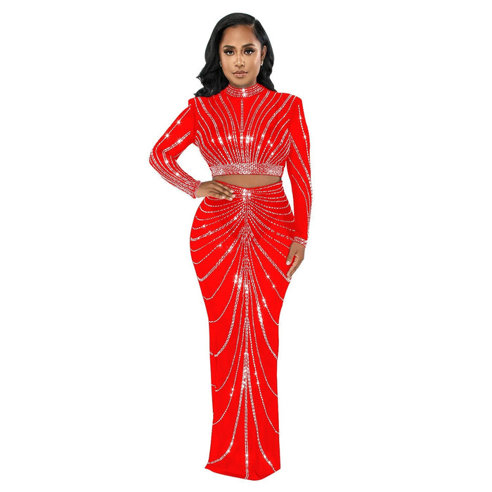 Women Wear Mesh Drilling See through Long Sleeve Dress Two Piece Set