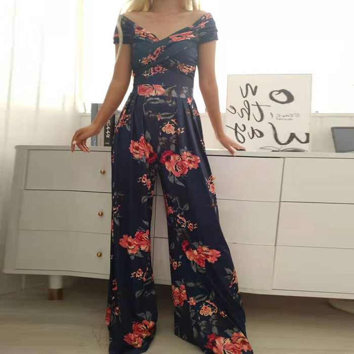 Spring Autumn Women Clothing off Shoulder Printing Office Printed Waist Controlled Jumpsuit