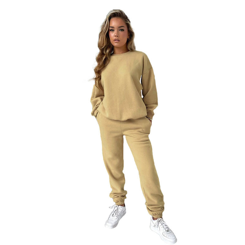 Autumn Winter Women Clothing Solid Color round Neck Pullover Long Sleeve Cotton Sweater Casual Trousers Suit