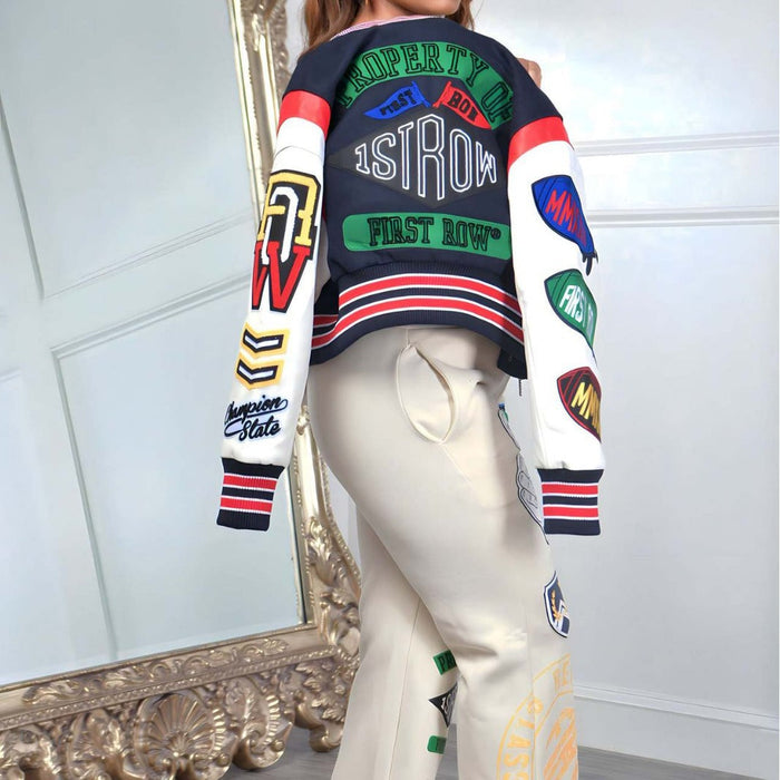 Urban Autumn Winter Positioning Woolen Printed Button Stitching Thread Varsity Jacket