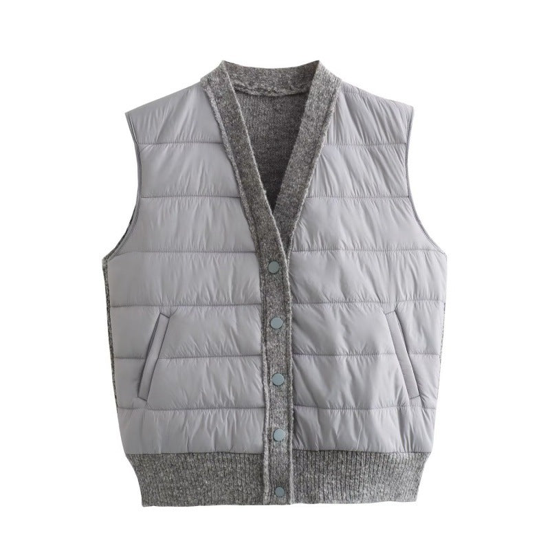 Fall Women Clothing Quilted V neck Patchwork Sleeveless Waistcoat Vest