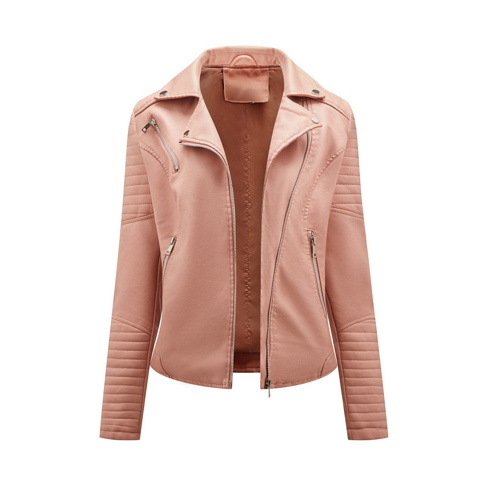 Short Spring Autumn Leather Women European Size Slim Collared Motorcycle Clothing Oblique Zipper Jacket Women Coat