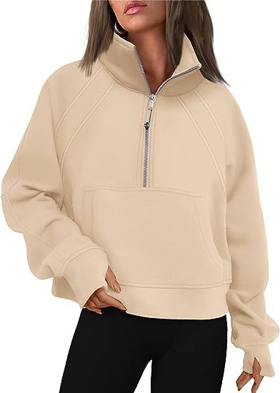 Women Clothing Half Zipper Short Stand Collar Thumb Hole Brushed Hoody