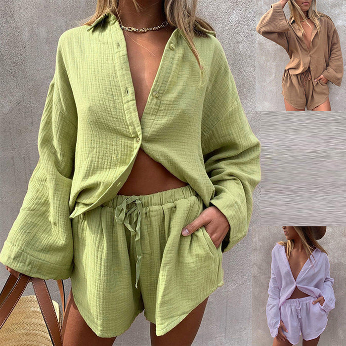 Women Clothing Loose Long Sleeve Shirt Casual Shorts Two-Piece Suit