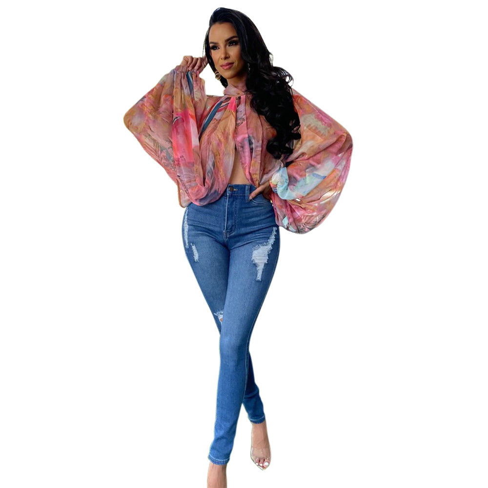 Casual round Neck Loose Long Sleeves Top Digital Printed Women