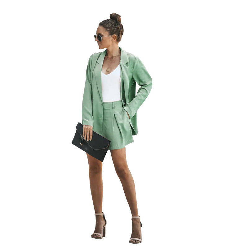Women Clothing Spring Autumn Simple Collared Small Suit Long Sleeve Two-Piece Suit Casual Shorts Suit
