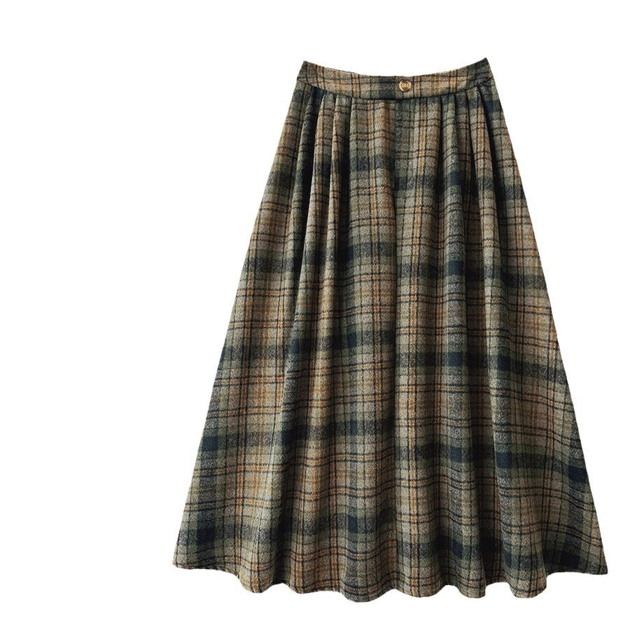 Green Tartan Skirt Women Autumn Winter High Waist A Line Umbrella Skirt Mid Length Woolen Skirt Small