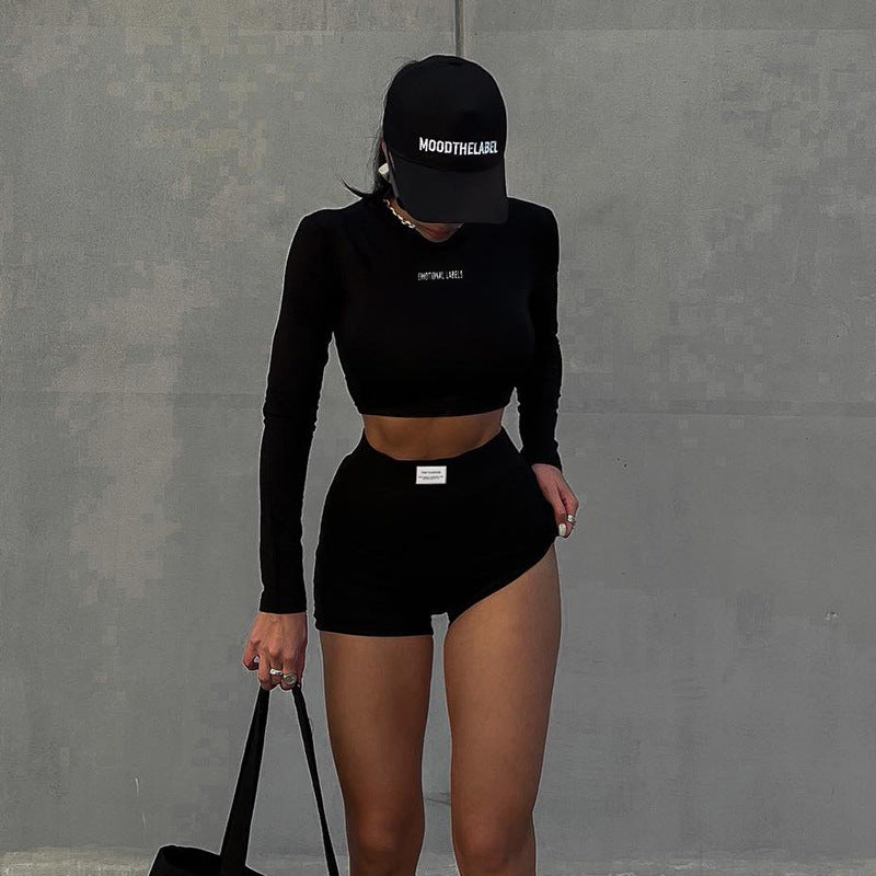 Knitted round Neck Long Sleeve Short Shorts Two Piece Women Autumn Sports Casual Suit