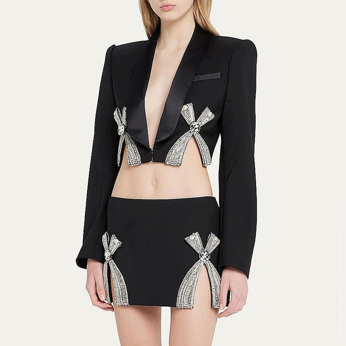 Autumn Winter Diamond Set Sexy Deep V Plunge Blazer Collar Coat Mini Skirt Two Piece Set